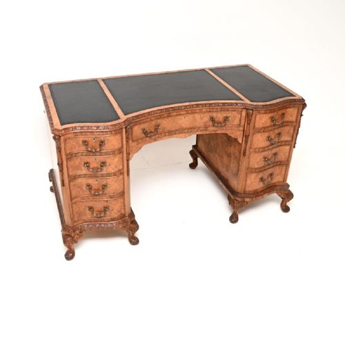 Antique Burr Walnut Leather Top Pedestal Desk
