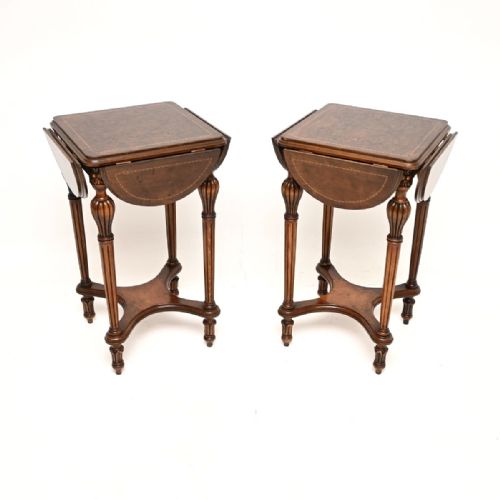 Pair of Antique Victorian Style Inlaid Walnut Drop Leaf Side Tables
