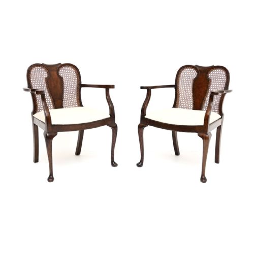 Pair of Antique Edwardian Walnut Cane Back Armchairs
