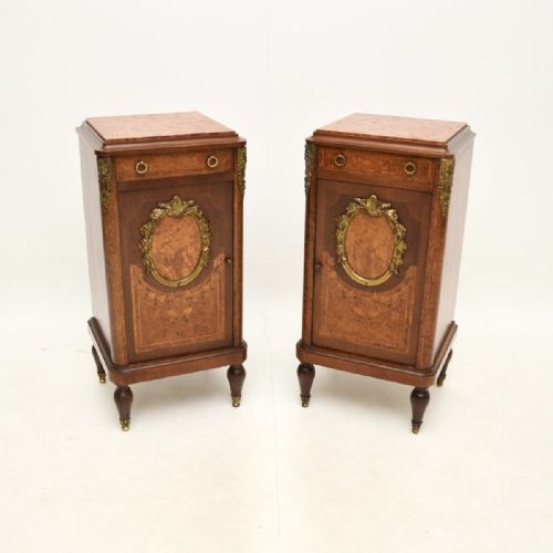 Pair of Antique French Inlaid Walnut Marble Top Bedside Cabinets
