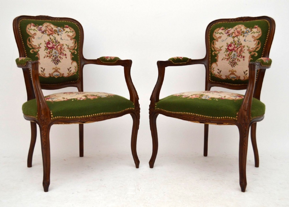 Pair of Antique French Carved Needlepoint Salon Armchairs