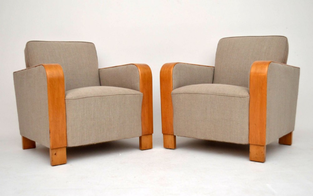 Pair of Swedish Art Deco Satin Birch Armchairs Vintage 1930's