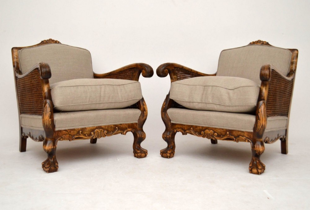 Pair of Antique Swedish Satin Birch Bergere Armchairs