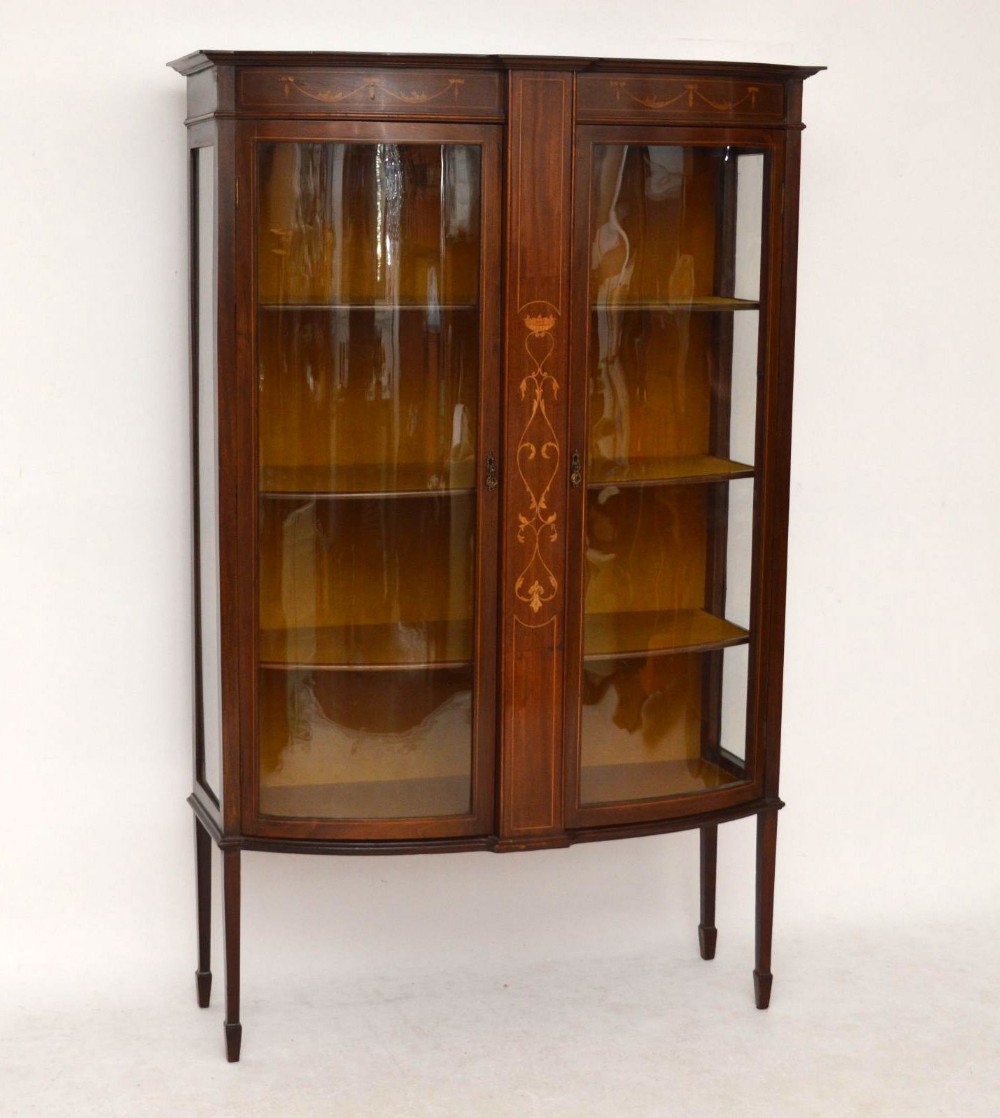 Antique Edwardian Inlaid Mahogany Bow Fronted Display Cabinet