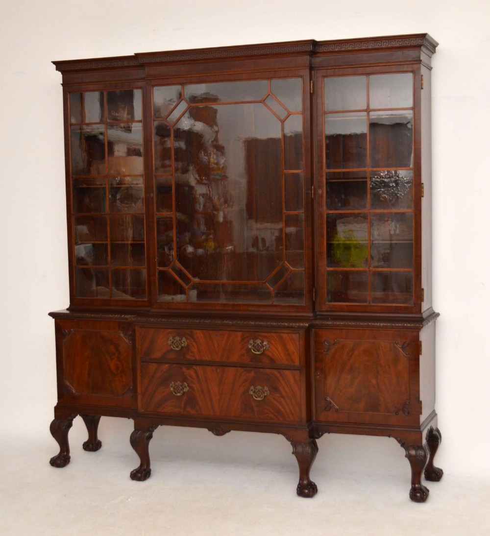 Antique Carved Mahogany Breakfront Bookcase