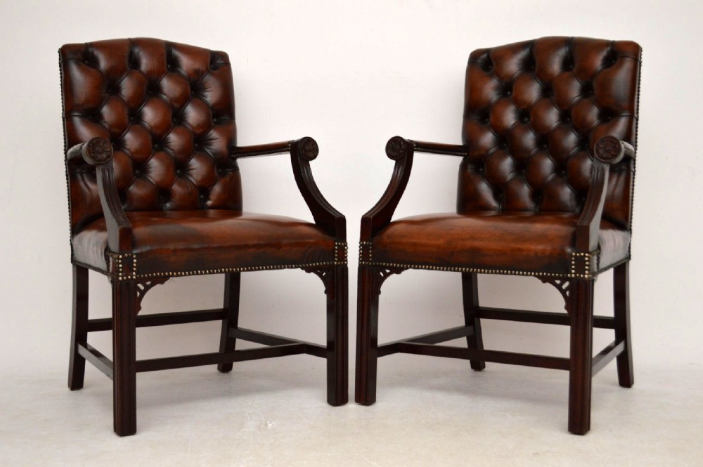 Pair of Antique Leather & Mahogany Gainsborough Armchairs 