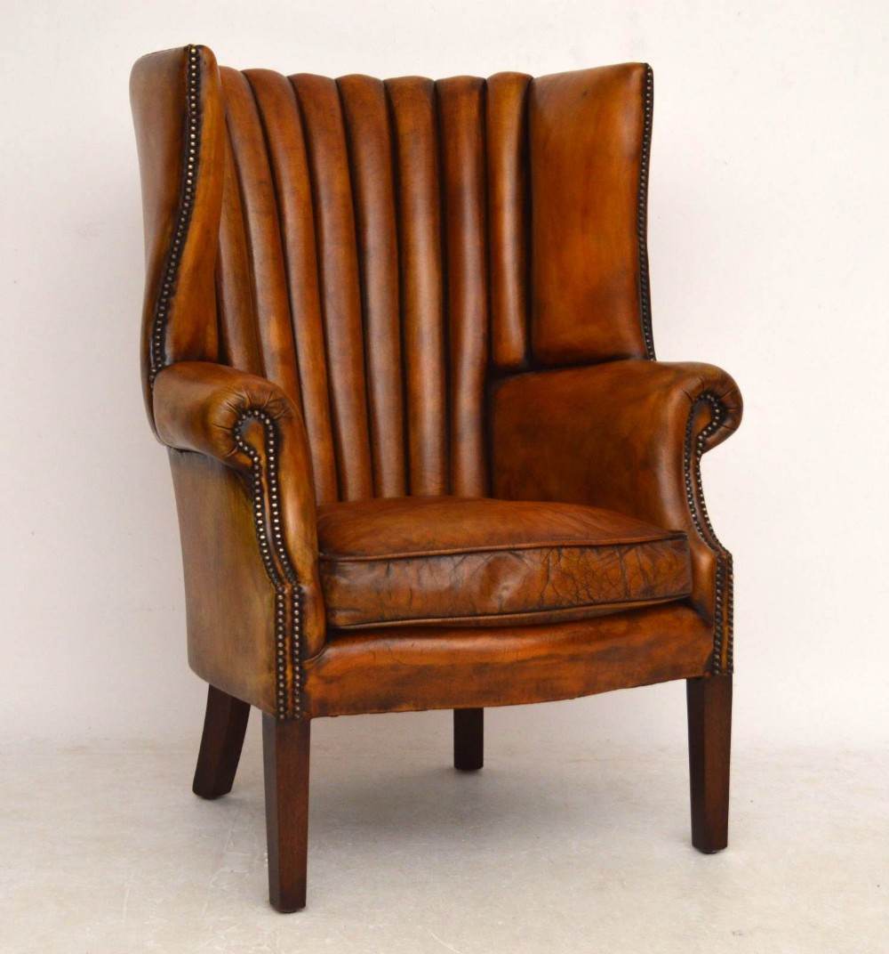 Antique Leather Ribbed Back Wing Armchair