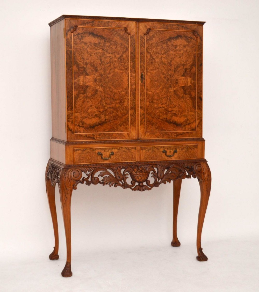 Antique Queen Anne Style Burr Walnut Cocktail Cabinet