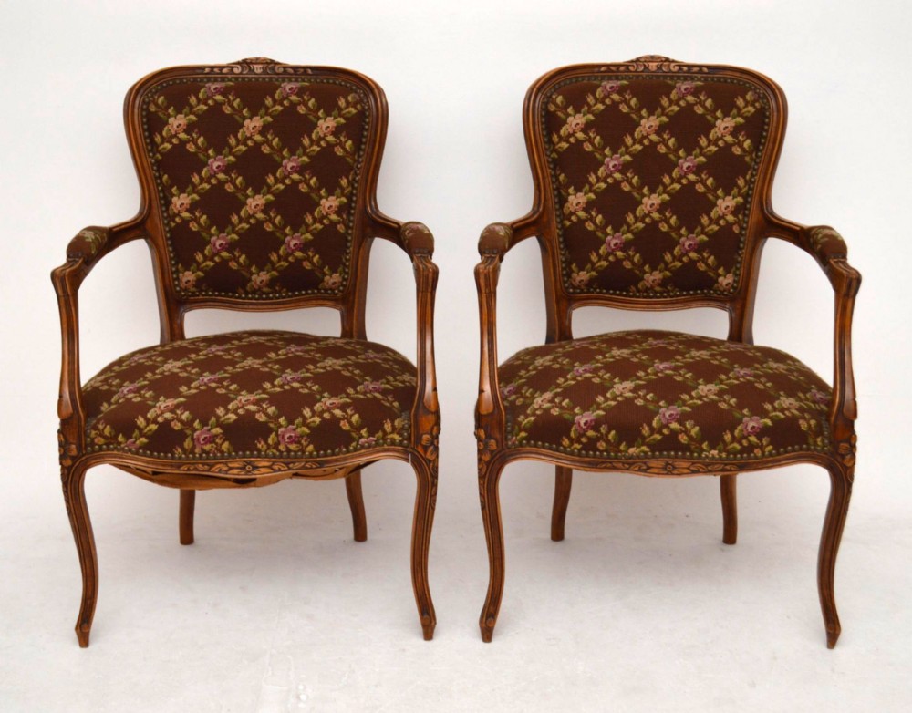 Pair of Antique French Walnut & Needlepoint Salon Armchairs