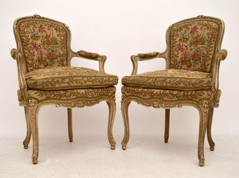 Pair of Antique French Carved Painted Salon Armchairs
