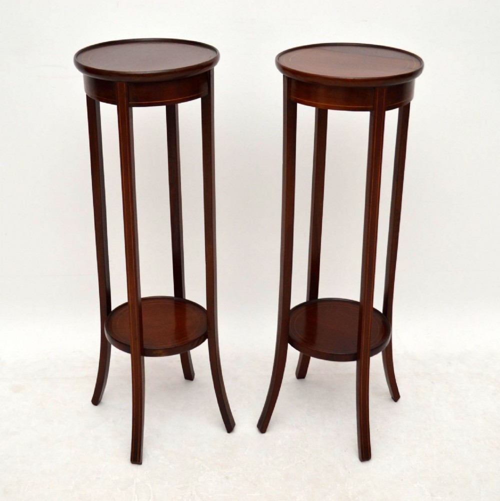 Pair of Antique Edwardian Inlaid Mahogany Torcheres or Plant Stands