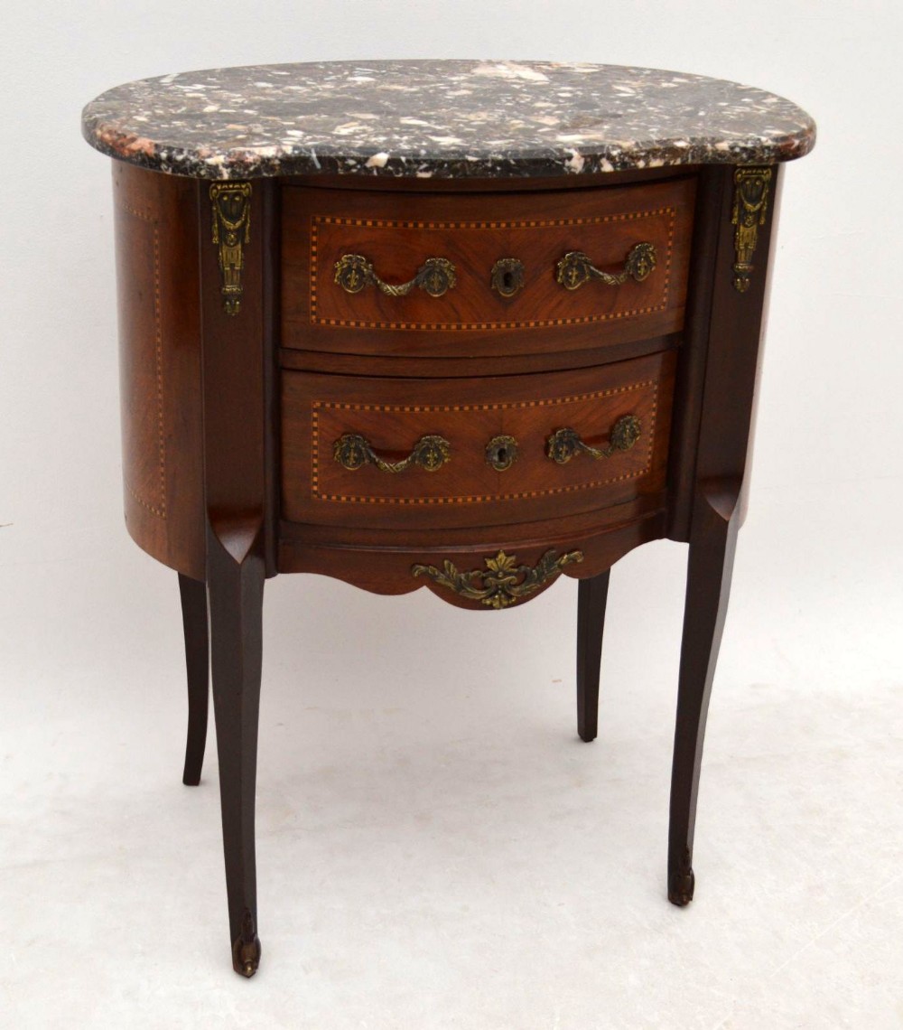 Antique French Marble Top Inlaid Walnut Side Table