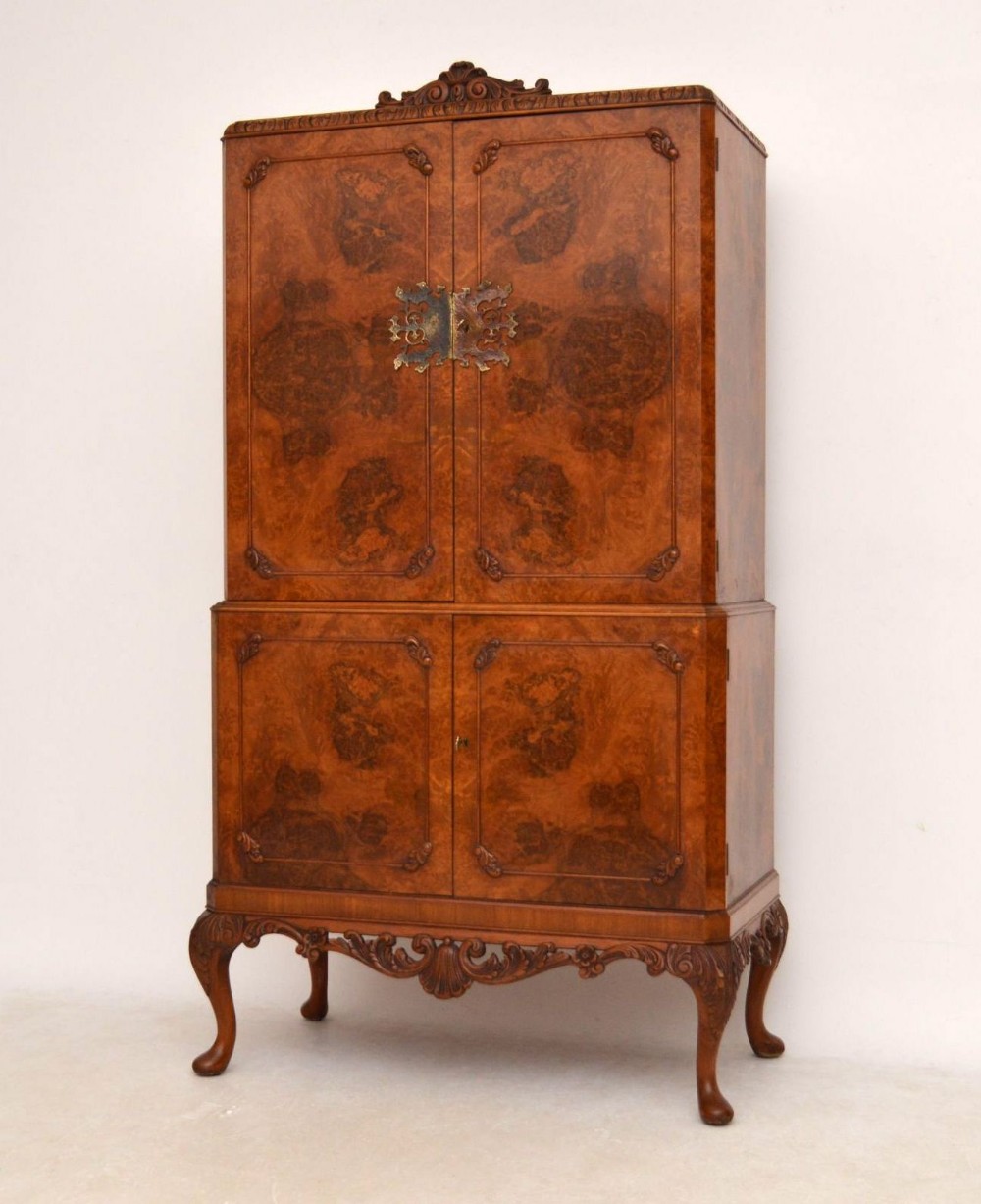 Antique Queen Anne Style Burr Walnut Cocktail Cabinet