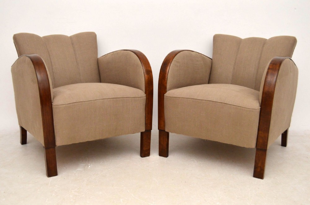 Pair of Swedish Art Deco Satin Birch Armchairs Vintage 1930's