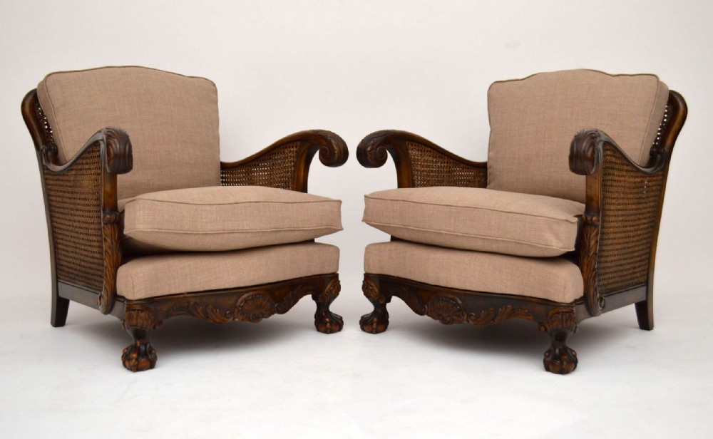 Pair of Antique Swedish Satin Birch Bergere Armchairs