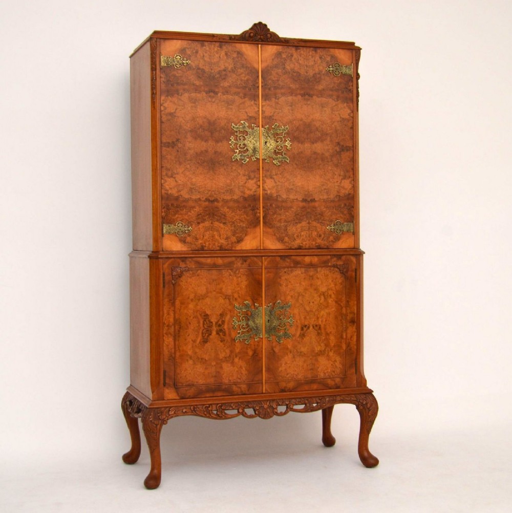 Antique Queen Anne Style Burr Walnut Cocktail Cabinet 