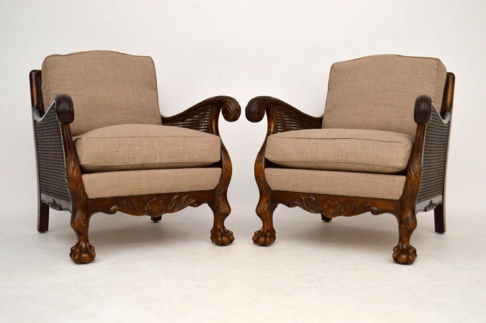 Pair of Antique Swedish Satin Birch Bergere Armchairs