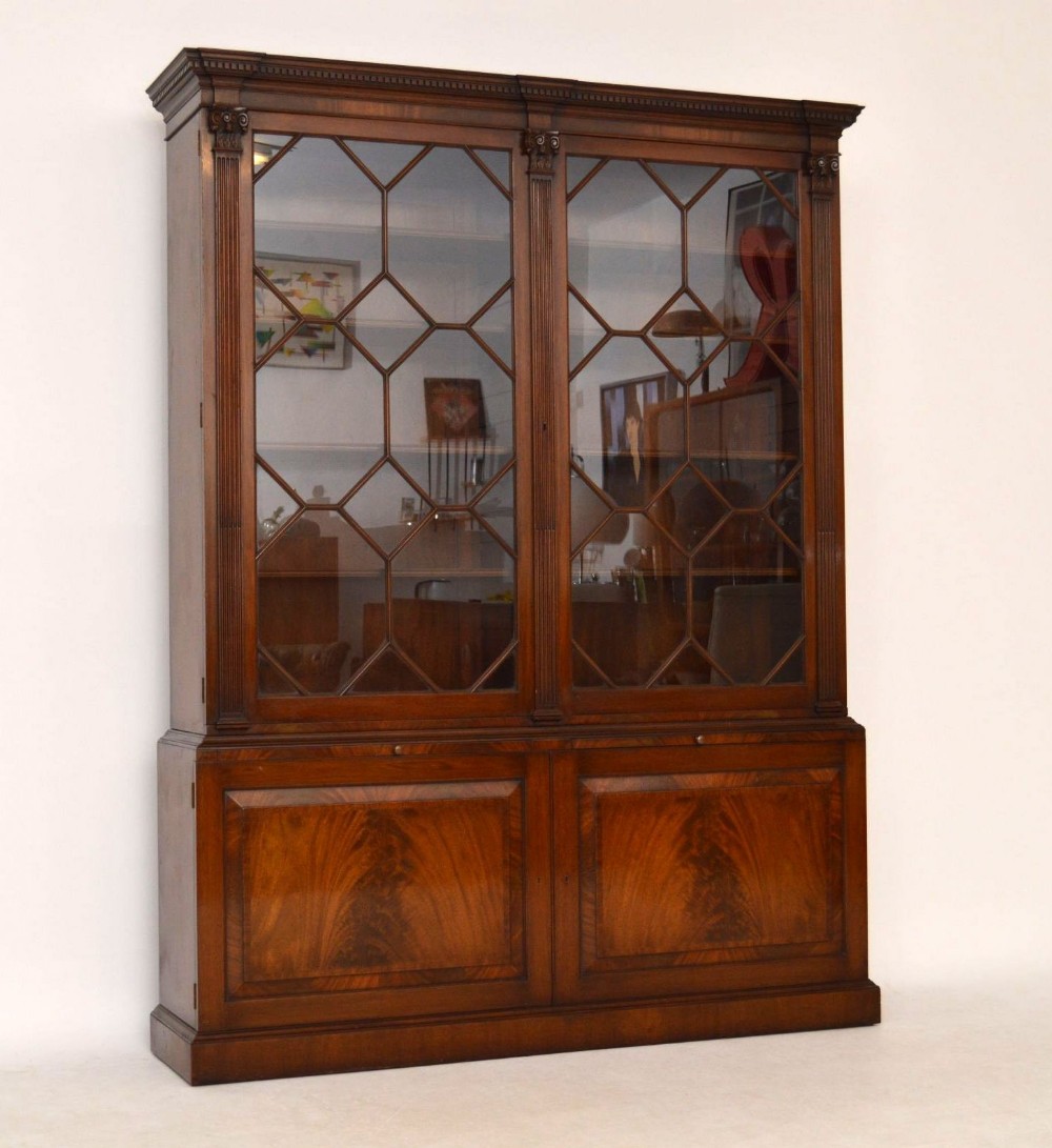 Large Antique Mahogany Glazed Bookcase on Cupboard