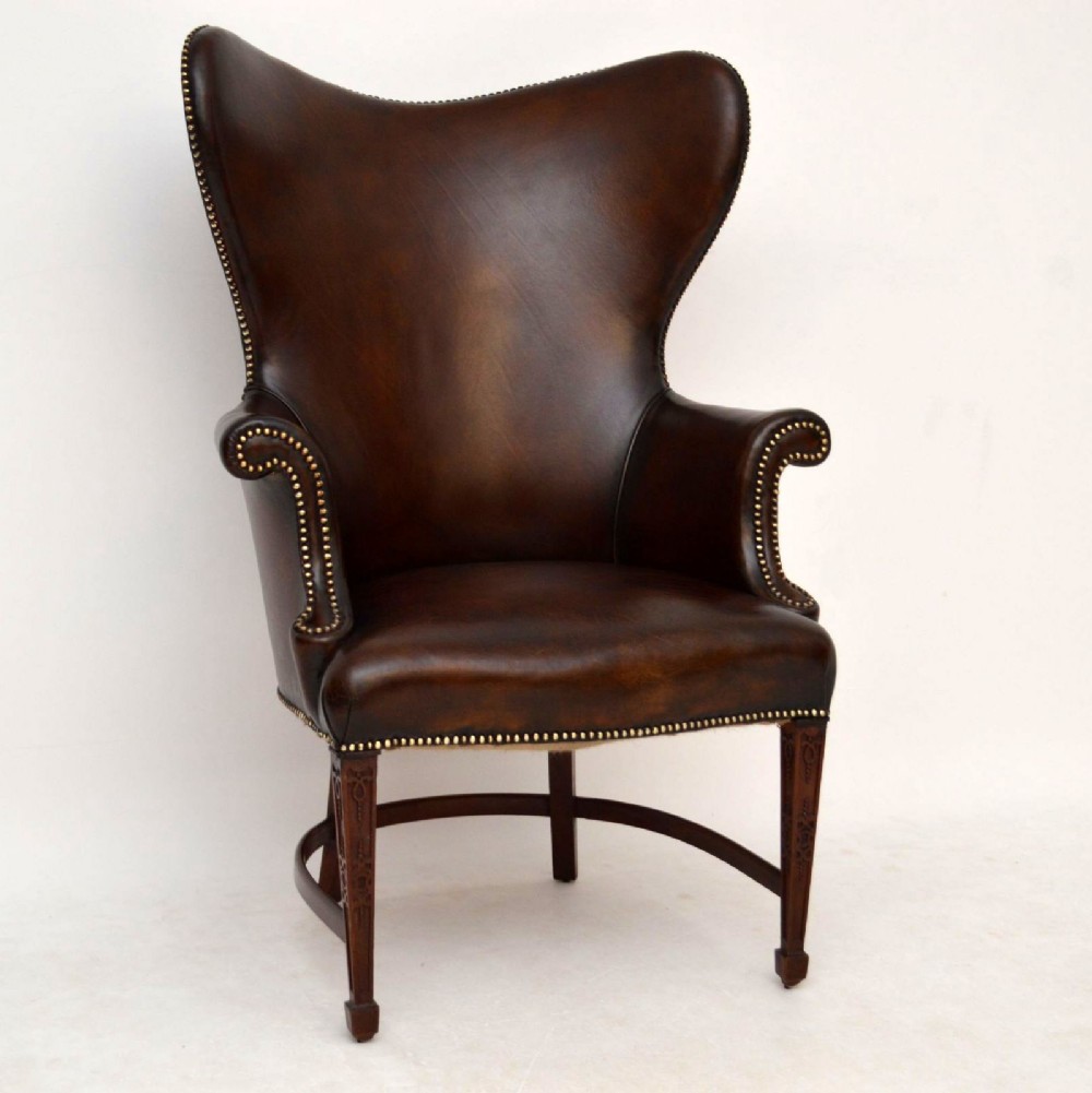 Very Stylish Antique Leather & Mahogany Wing Armchair