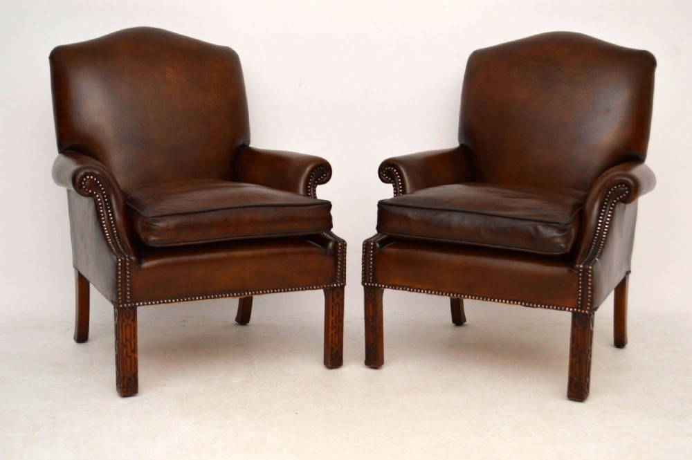 Pair of Antique Leather & Mahogany Armchairs