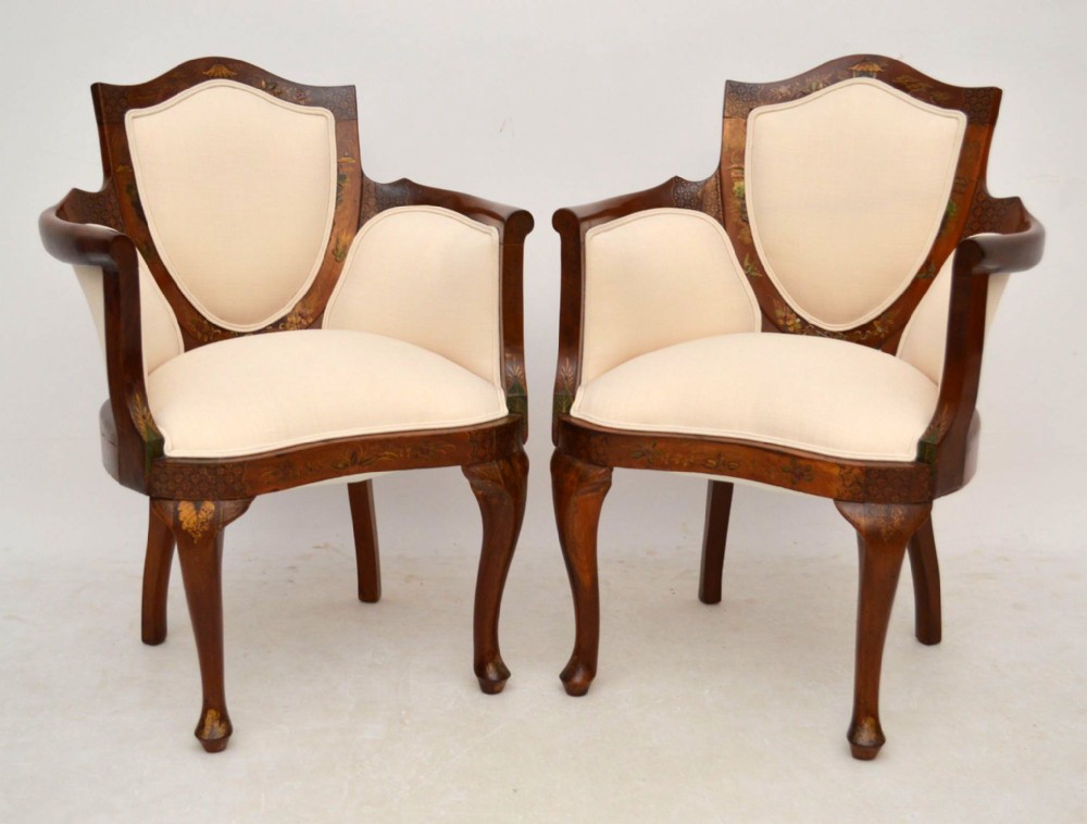 Pair of Antique English Mahogany & Chinoiserie Armchairs