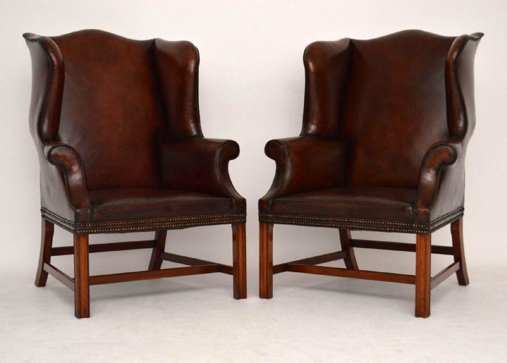 Pair of Antique Leather & Mahogany Wing Back Armchairs
