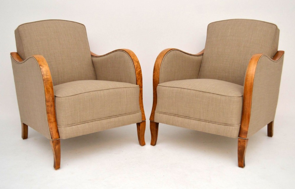Pair of Stylish Art Deco Swedish Satin Birch Armchairs