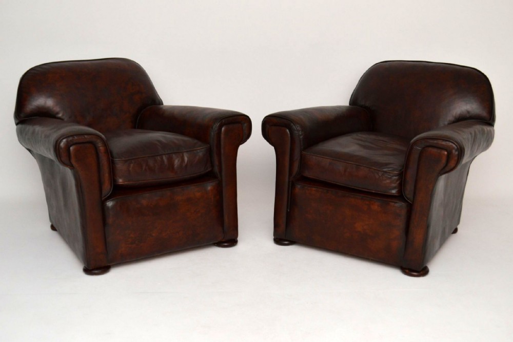 Large Pair of Antique English Leather Club Armchairs