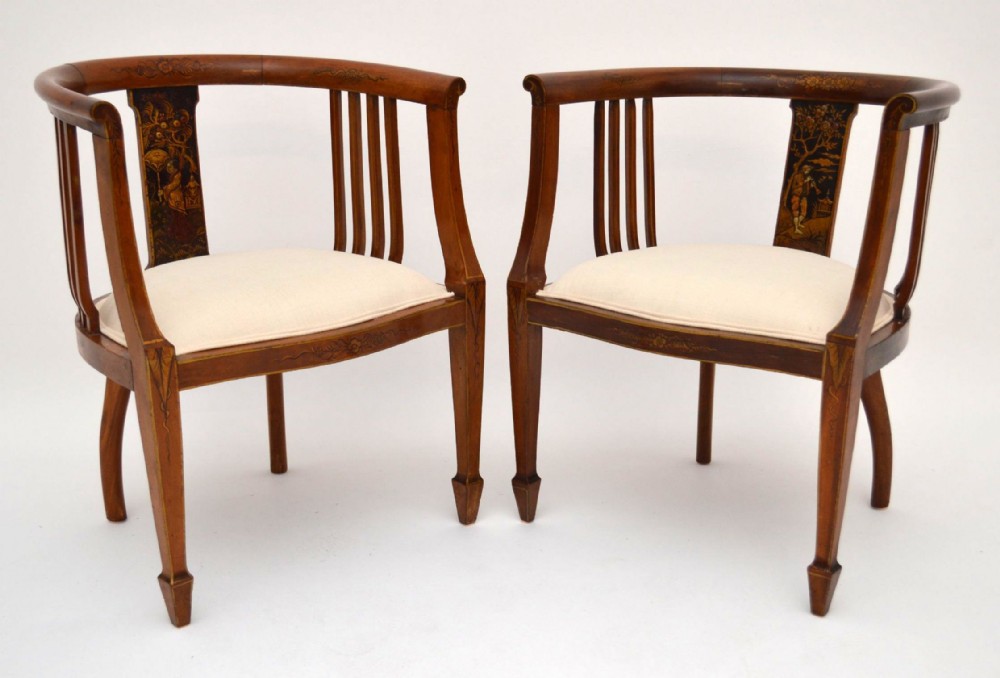 Pair of Antique Mahogany & Chinoiserie Tub Armchairs