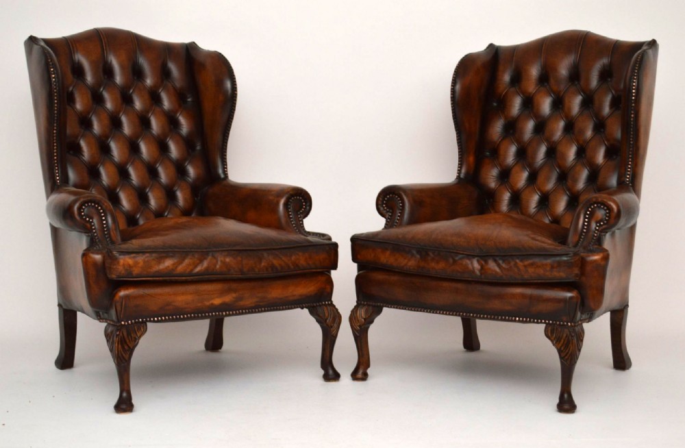 Pair of Antique Georgian Style Leather Wing Back Armchairs