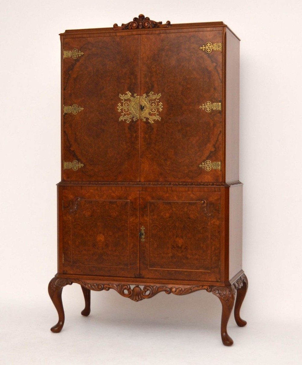 Antique Queen Anne Style Burr Walnut Cocktail Cabinet