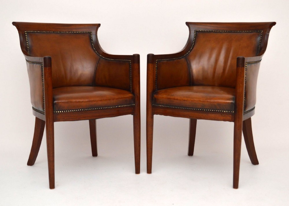 Pair of Antique Leather & Mahogany Tub Armchairs