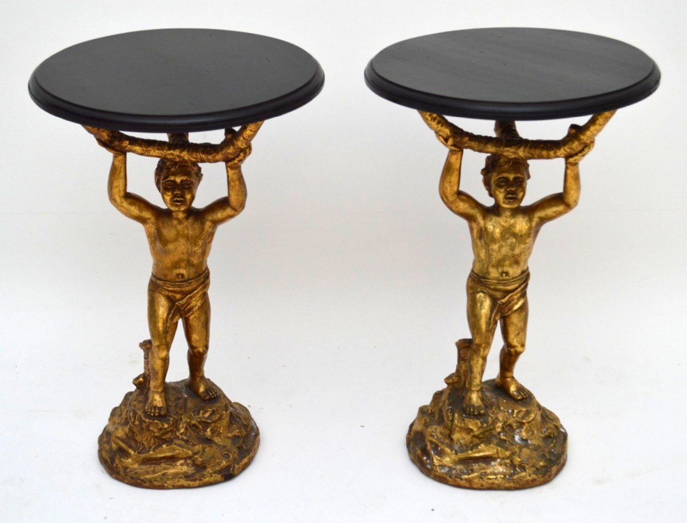 Pair of Antique Gilt Cherub Side Tables - Ebonized Tops