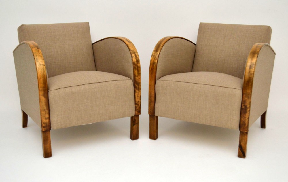 Pair of Swedish Art Deco Satin Birch Armchairs - Vintage 1930's 