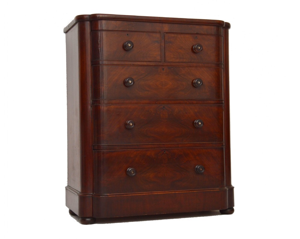 Large Antique Flame Mahogany Bow Fronted Chest of Drawers