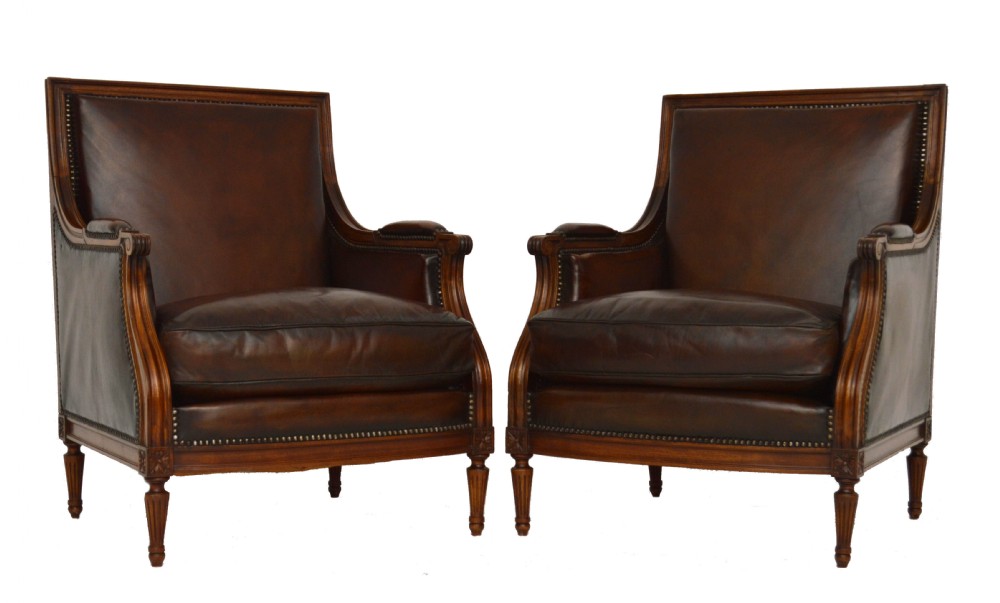 Pair of Antique French Mahogany Leather Upholstered Armchairs