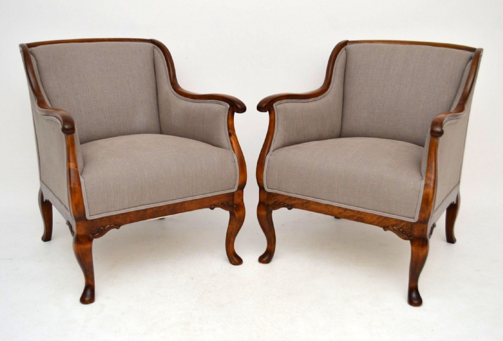 Pair of Antique Swedish Satin Birch Upholstered Armchairs