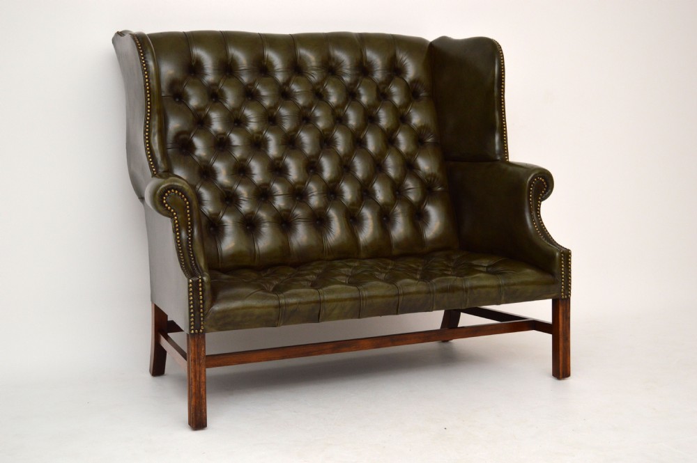 Antique Deep Buttoned Leather Wing Back Settee - Sofa