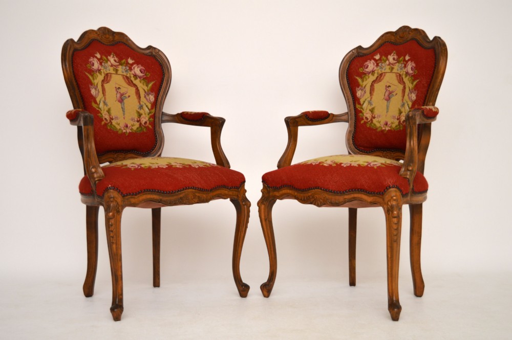 Pair Antique French Salon Chairs with Needlepoint Upholstery