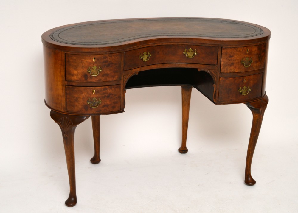 Antique Burr Walnut Leather Top Kidney Shaped Desk