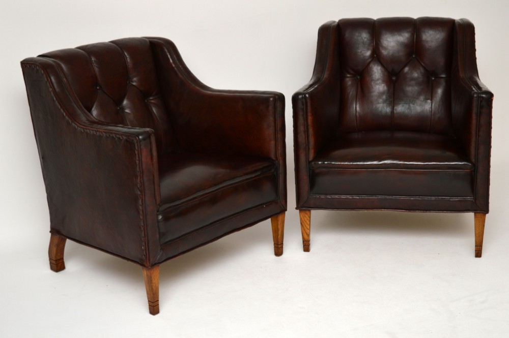 Pair of Antique Swedish Leather Club Armchairs
