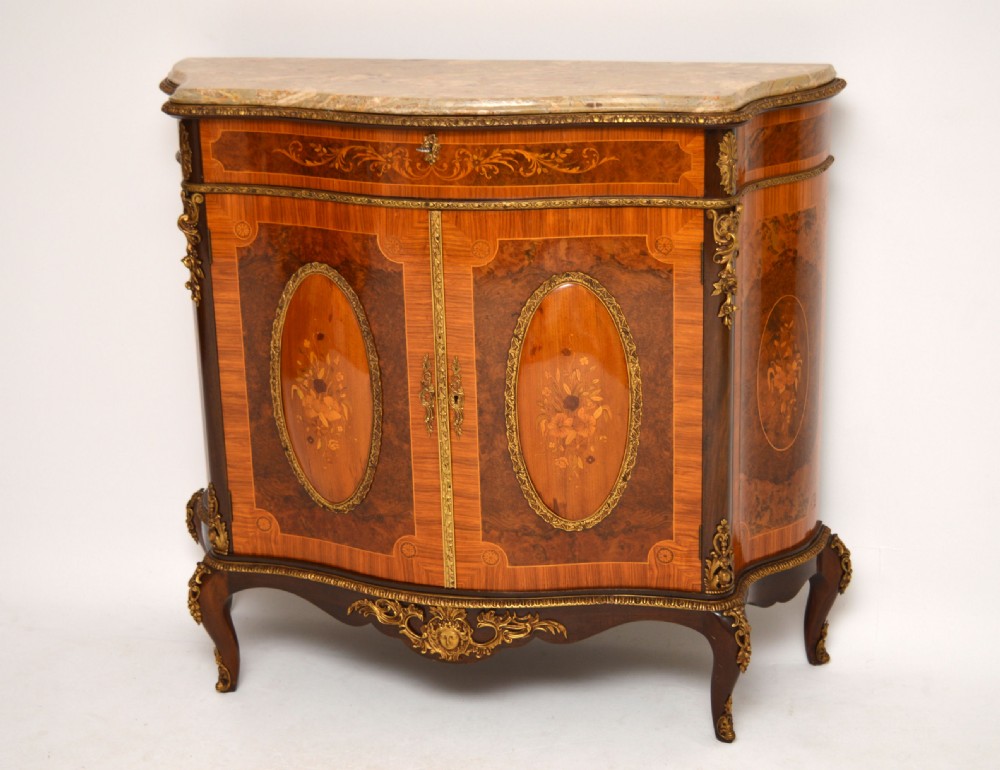 Antique French Style Walnut & Marquetry Marble Top Cabinet