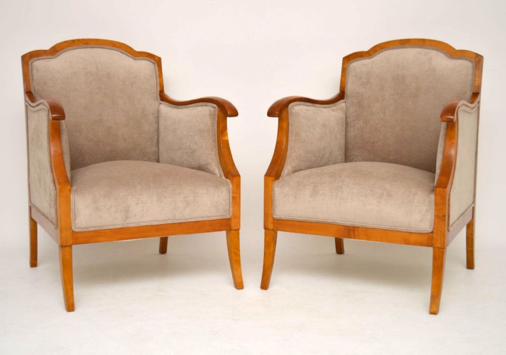 Pair of Antique Swedish Satin Birch Upholstered Armchairs 