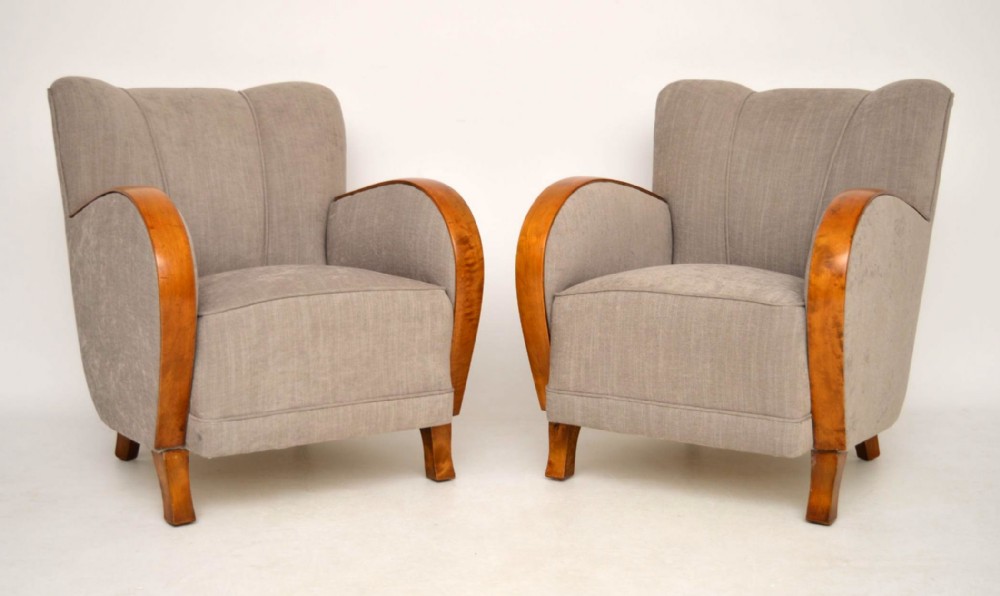 Pair of Swedish Art Deco Satin Birch Upholstered Armchairs 