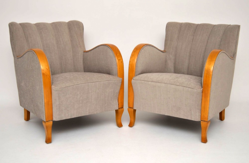Pair of Swedish Art Deco Satin Birch Armchairs 
