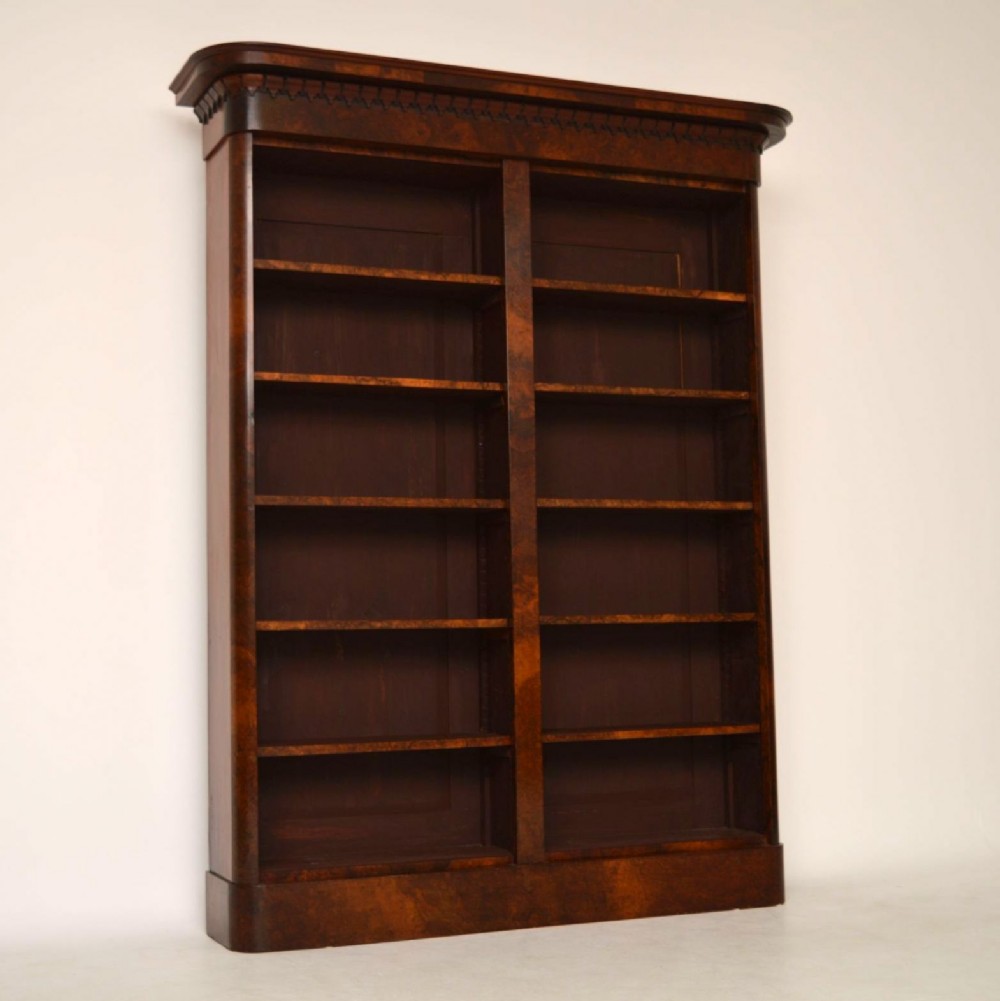 Large Antique William IV Burr Walnut Open Bookcase