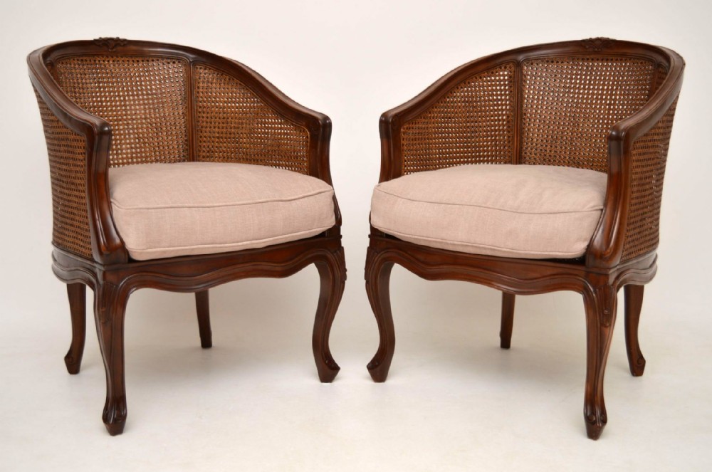 Pair of Antique French Mahogany & Cane Armchairs