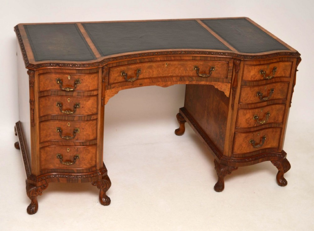 Antique Queen Anne Style Burr Walnut Leather Top Desk 