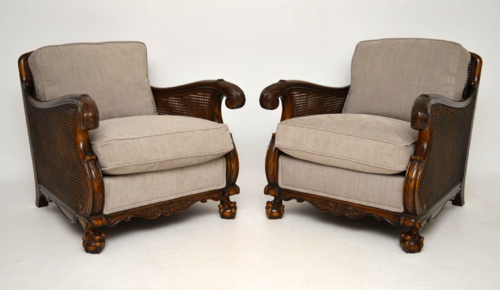 Pair of Antique Swedish Satin Birch Bergere Armchairs