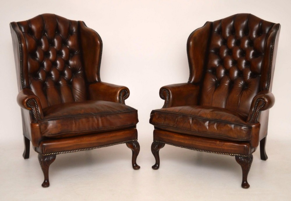 Pair of Antique Georgian Style Leather Wing Armchairs